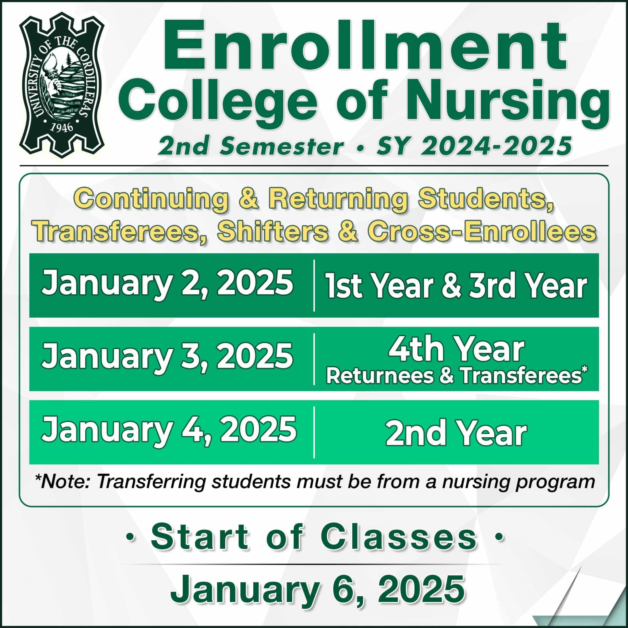 UC College of Nursing Enrollment Schedule for 2nd Semester, SY 2024-2025